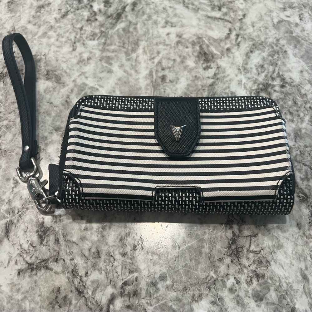 Stella & Dot wallet black white hot pink edgy gift purse stripes